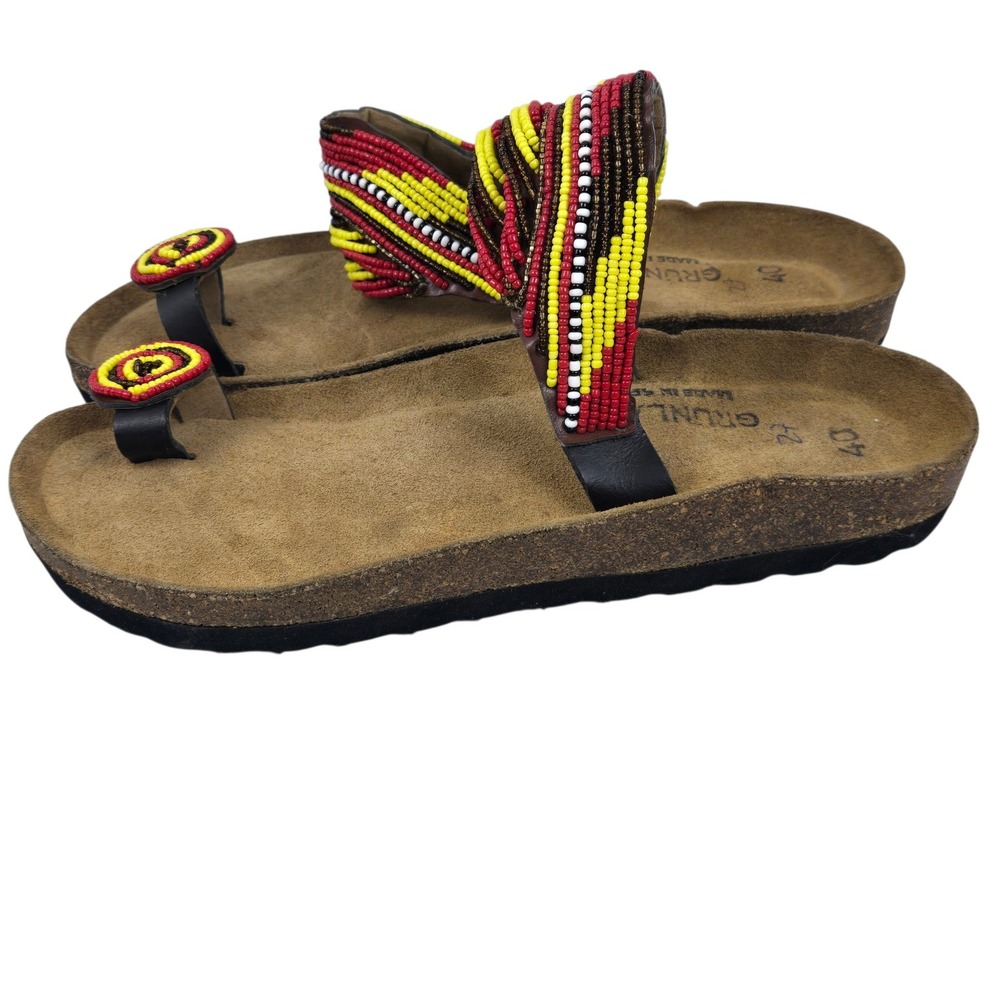 Grunland Beaded Toe Loop Slide Sandals Red Yellow Multi Size 9 EU 40 Boho Summer